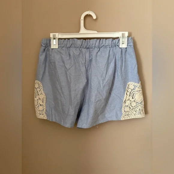 Francesca's Miami Pamela Light Blue Shorts Tie Waist ~ Crochet Trim Sz Medium - Picture 8 of 8